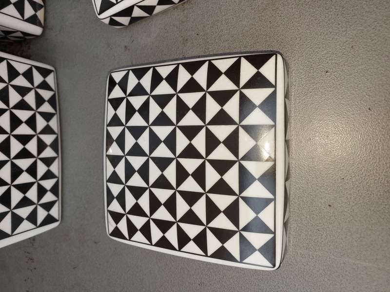 TWO BEAUTIFUL ART DECOR CHECKERED COLOURED PORCELAIN STORAGE JARS