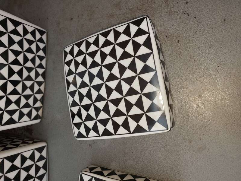 TWO BEAUTIFUL ART DECOR CHECKERED COLOURED PORCELAIN STORAGE JARS