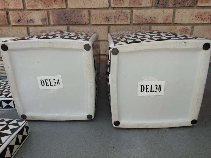 TWO BEAUTIFUL ART DECOR CHECKERED COLOURED PORCELAIN STORAGE JARS