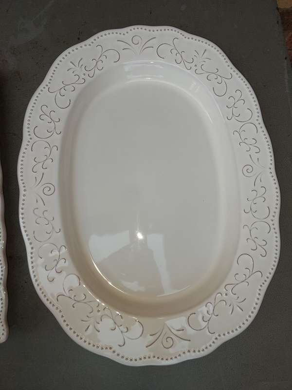 3 BEAUTIFULL FRENCH WHITE PLATTERS SOLD AS IS