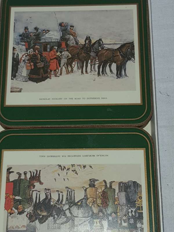 A VINTAGE SET OF 4 DICKENSON SCENE DRINKS COASTERS