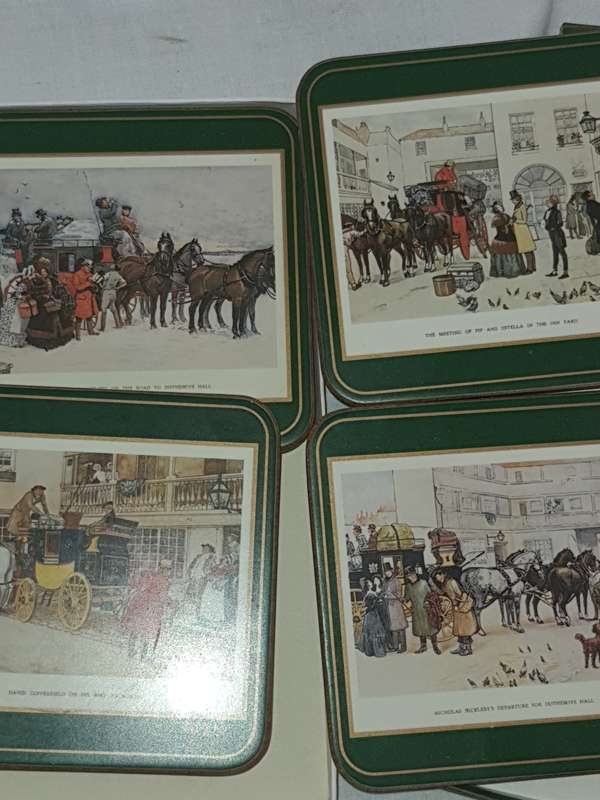 A VINTAGE SET OF 4 DICKENSON SCENE DRINKS COASTERS