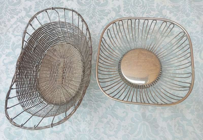 TWO VINTAGE STAINLESS STEEL WIRE MESH FRUIT BASKETS