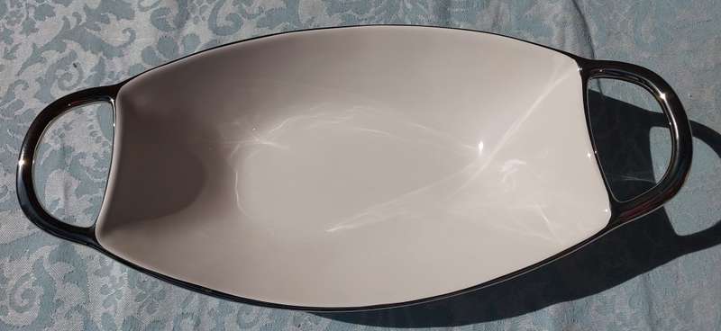 A BEAUTIFULL ART DECOR SILVER PLATED HANDLED PORCELAIN PLATTER