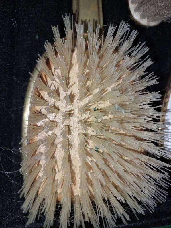 AN ANTIQUE COLLECTION EDWARDIAN BRASS GOLD PLATED HAIR BRUSHES