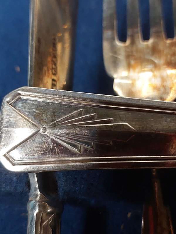 AN ANTIQUE FISH KNIFE AND FORK SET WITH A1 T.T & OS AP ENGLISH HALL MARKS