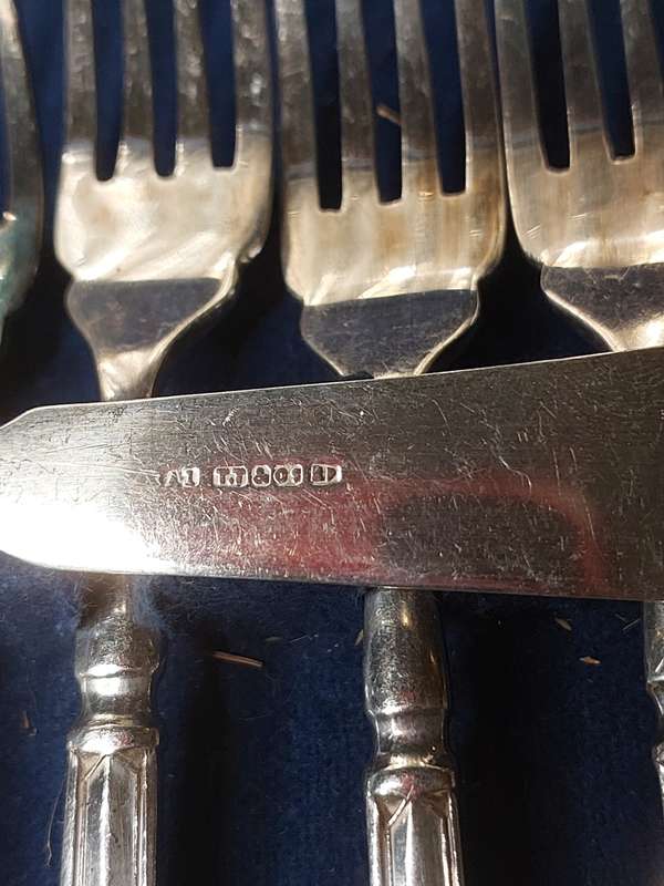 AN ANTIQUE FISH KNIFE AND FORK SET WITH A1 T.T & OS AP ENGLISH HALL MARKS