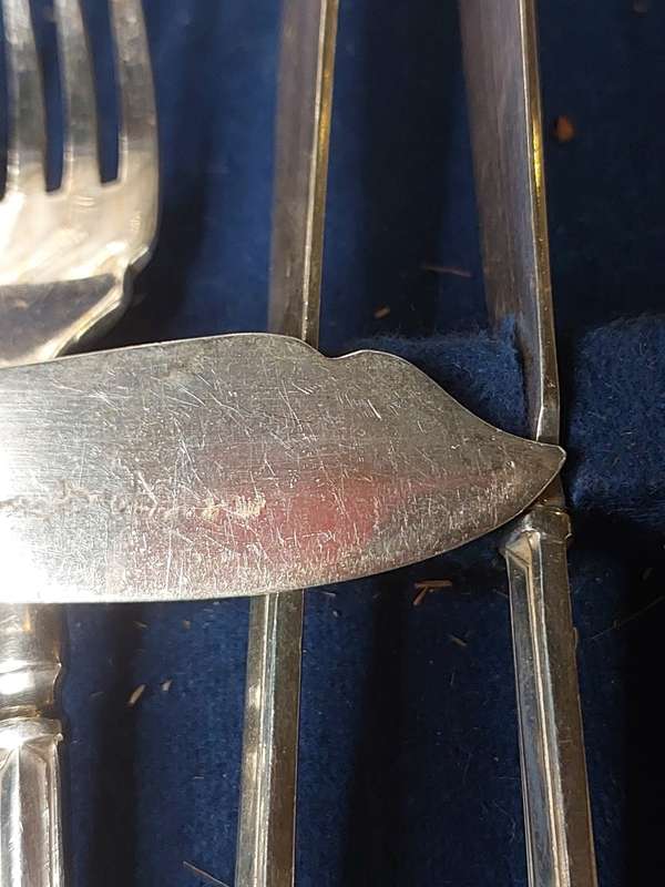 AN ANTIQUE FISH KNIFE AND FORK SET WITH A1 T.T & OS AP ENGLISH HALL MARKS