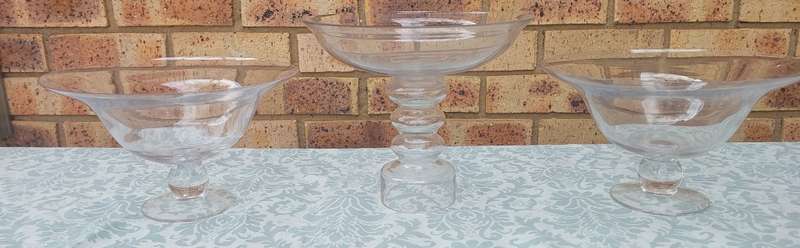THREE ART DECOR LARGE GLASS SERVING BOWLS