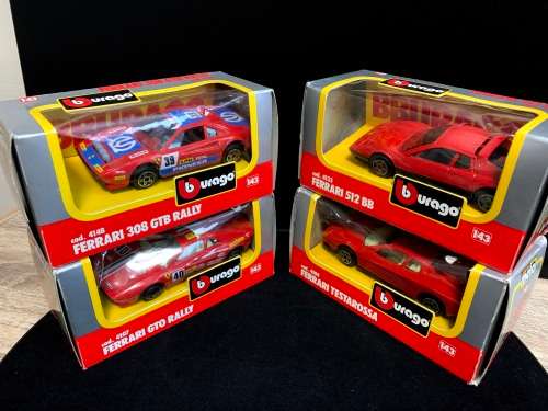 Bburago Vintage FERRARI - 4 sold together - 308 GTB RALLY - GTO RALLY - 512 BB - TESTAROSSA
