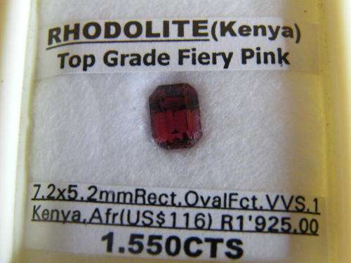A 1.550cts RECTANGULAR FACET, TOP GRADE FIERY PINK, RHODOLITE!!!  WITH CERTIFICATE!!!