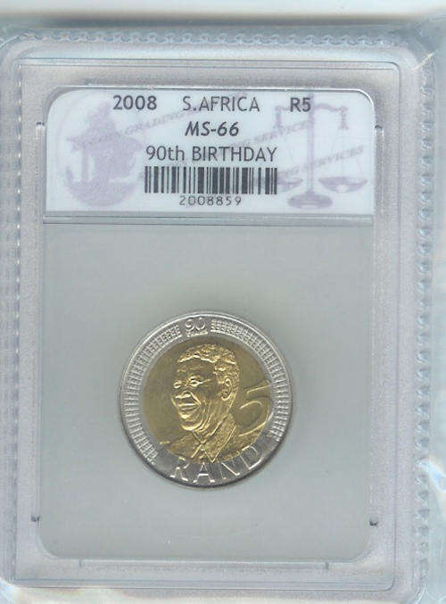2 X GRADED MS 66 2008 MANDELA R 5 COINS.BUY NOW!!! THE ONE TO HAVE.
