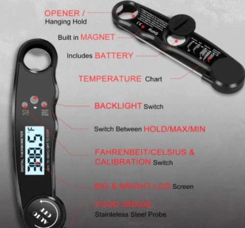 Premium Instant Read Digital Folding Meat Thermometer (Red & Black)