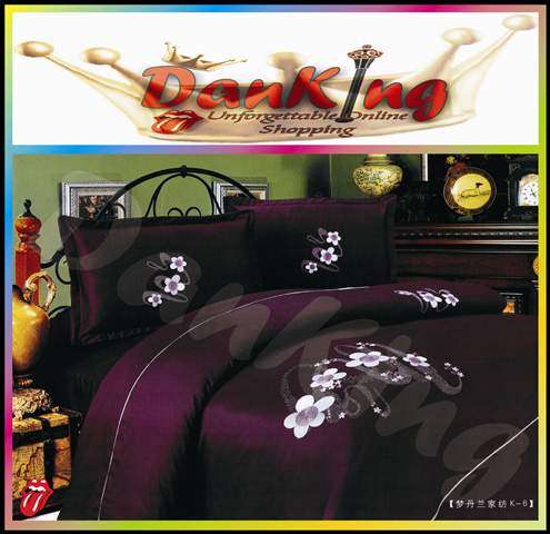 6 Piece Cotton Blend Bed Linen - Queen Size - Dark Lilac Flower Duvet Set
