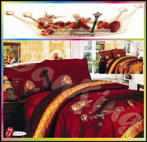 6 Piece Quality Satin Bed Linen - Queen Size - Golden Maroon Duvet Set