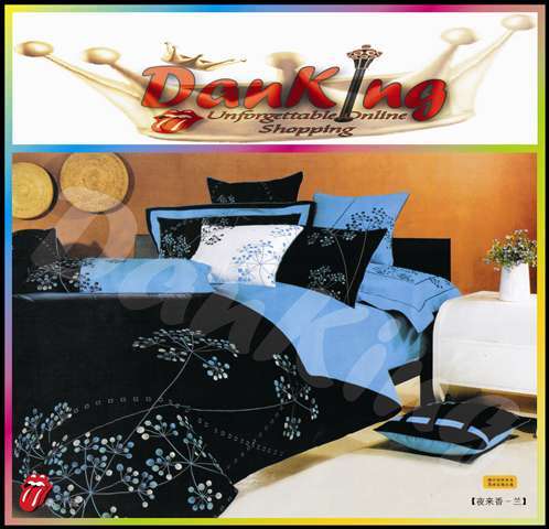 6 Piece Cotton Blend Bed Linen - Queen Size - Black Blue Flower Duvet Set