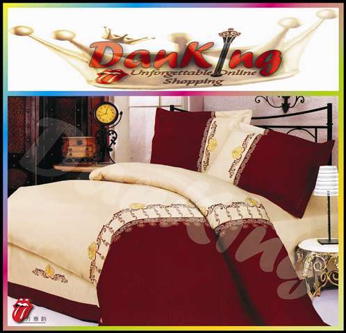 6 Piece Light Cotton Bed Linen - Queen Size - Burgundy Cream Duvet Set