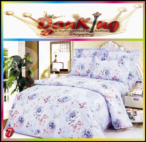 100% Pure Cotton Bed Linen - Queen Size - Light Blue Flowers Duvet Set