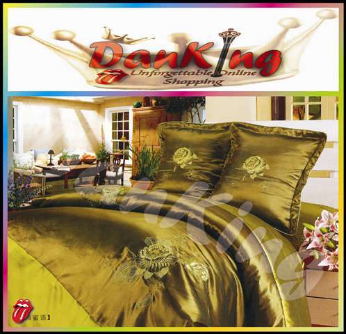 6 Piece Quality Satin Bed Linen - Queen Size - Dark & Light Green Duvet Set