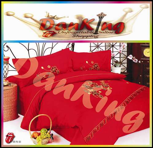 6 Piece Cotton Bed Linen - Queen Size - Red Golden Flower Duvet Set