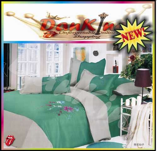 6 Piece Quality Cotton Bed Linen - Queen Size - Grey & Pleasant Green Duvet Set