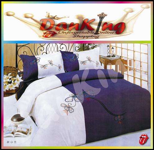 6 Piece Quality Cotton Bed Linen - Queen Size - Dark Blue & White Duvet Set