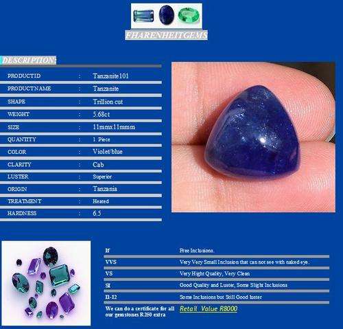 AA Grade Tanzanite Carbachon Trillion 5.68 ct 11mmx11mm