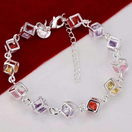 IMPRESSIVE COLORFUL TOPAZ SET SILVER BRACELET LATTICE LINK... BEAUTIFUL!!!! 925 STAMPED.