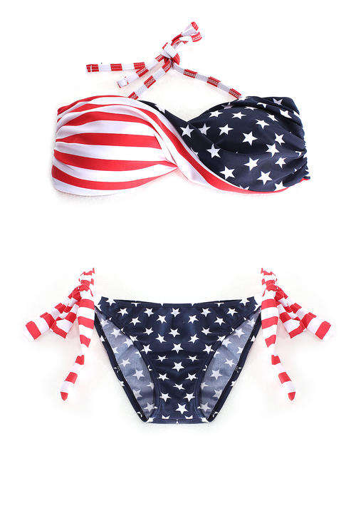 Summer is here! Stylish Sexy Women's Twisted Bandeau Tube American Flag Stars Striped Bikini .