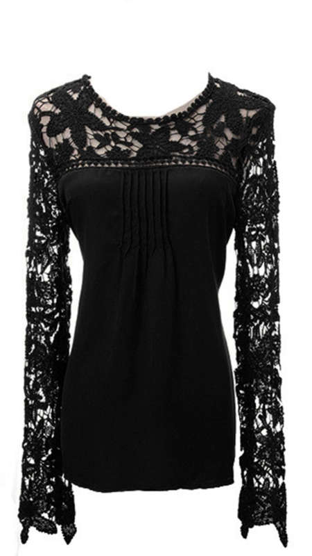 NEW! Beautiful Hollow Lace Long Sleeve Front Chiffon Fold Women Blouse.  Must bid!
