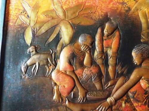 STUNNING COPPER RELIEF OF TRIBAL FAMILY LIFE
