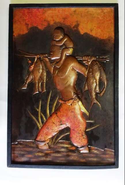 STUNNING COPPER RELIEF OF FISHERMAN