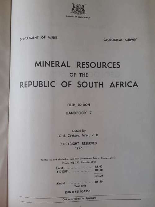 Mineral Resources of the RSA ~ Dept. Of Mines