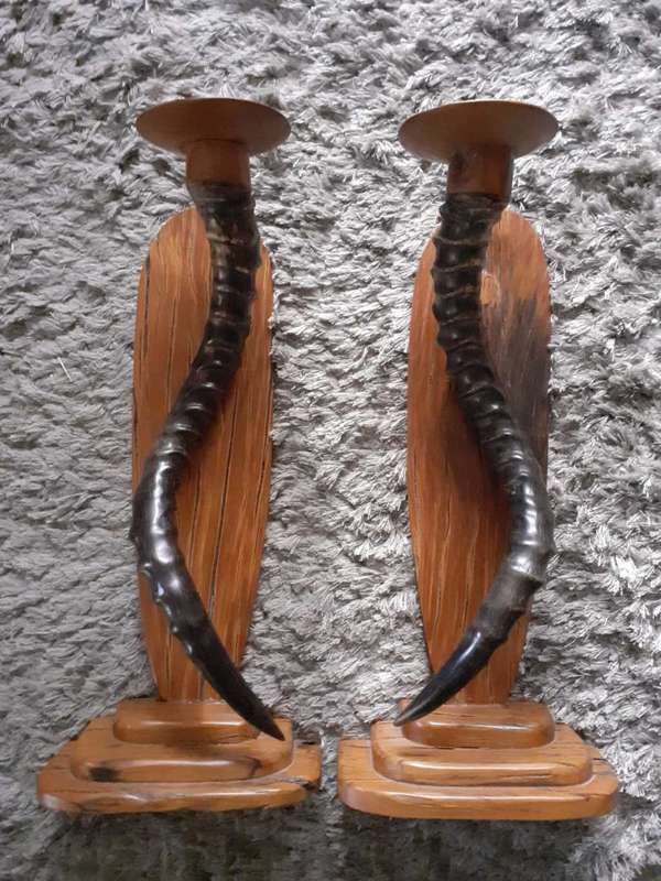 Pair of Impala Horns mounted on Railway Sleeper Wood - candle holders