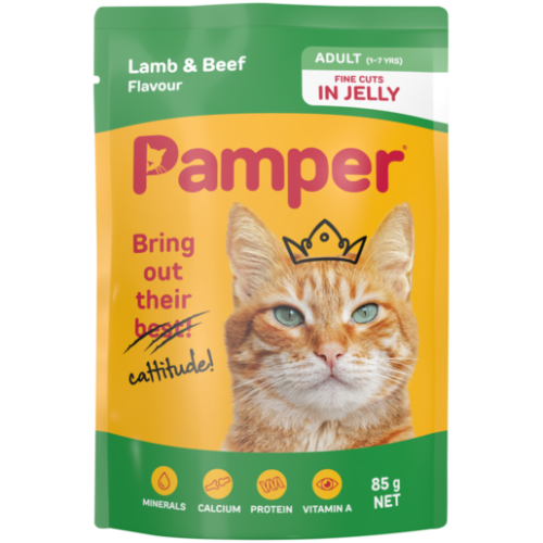 Pamper Cat Sachets x 30  sachets of cat food Lamb and Beef in Jelly