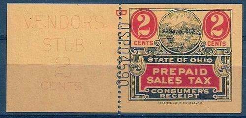 USA STATE OF OHIO VENDORS PREPAID SALES TAX CONSUMERS RECEPT  (WITH STUB)