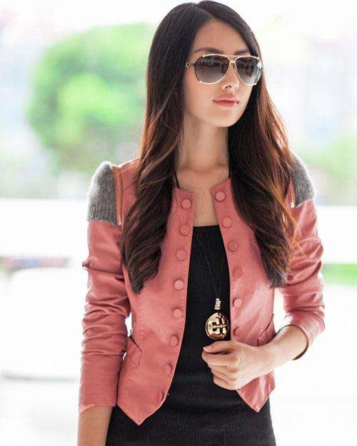 Slim Round Collar PU Womens Jackets
