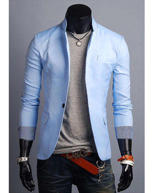 Fashion Solid One Button Stand Collar Polyester Long Sleeve Men Blazer