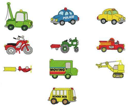 MACHINE EMBROIDERY DESIGN SET - CARS AND TRUCKS (10 IN THE SET)