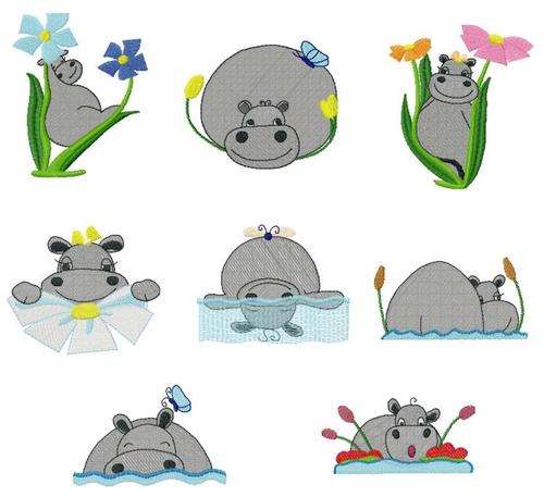 MACHINE EMBROIDERY DESIGN SET - HAPPY HIPPO (8 IN THE SET)