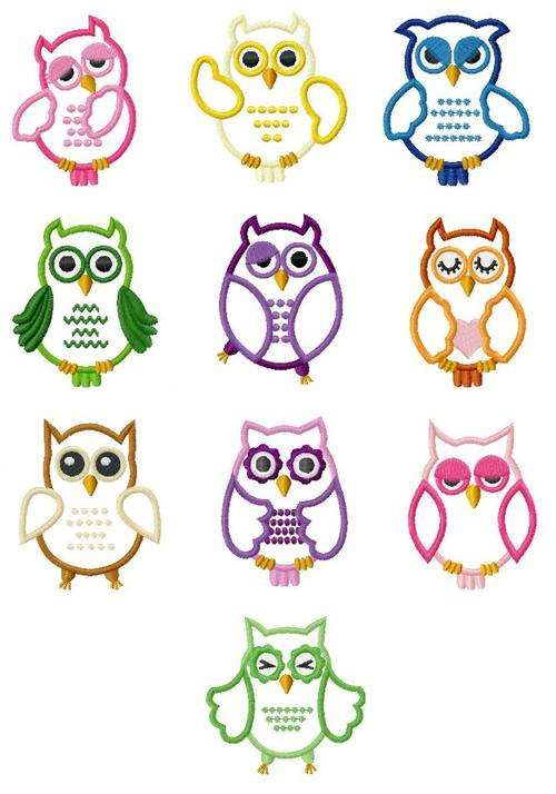 MACHINE EMBROIDERY DESIGN SET - APPLIQUE OWLS (10 IN THE SET)