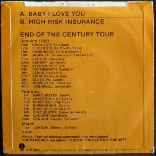 RAMONES - BABY I LOVE YOU / HIGH RISK INSURANCE  (7 INCH SINGLE/VINYL)