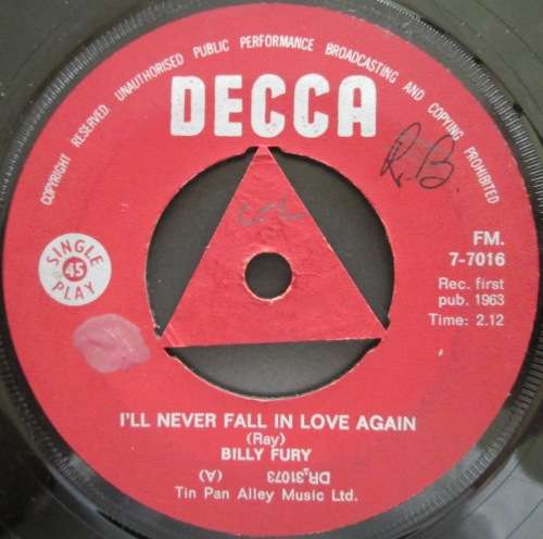 BILLY FURY - I¿LL NEVER FALL IN LOVE AGAIN / IN SUMMER (7 SINGLE/VINYL)