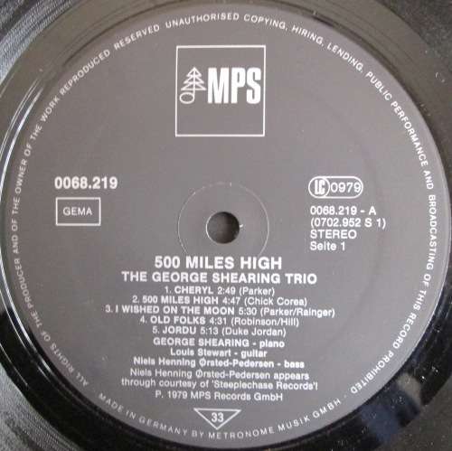 THE GEORGE SHEARING TRIO - 500 MILES HIGH (LP/VINYL)