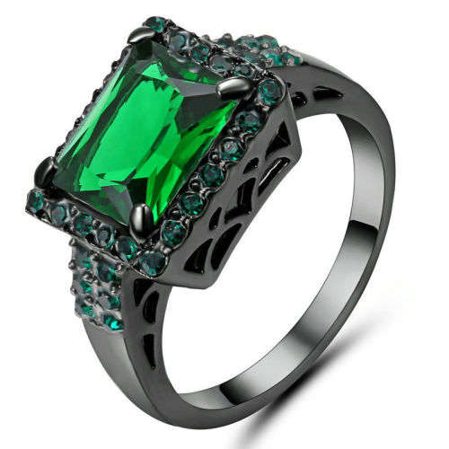 Black Emerald zircon Rhodium plated Ring [Size 6]