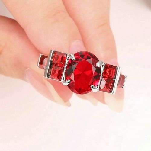 White Plated Ruby Stone Wedding Cluster Cocktail Ring [Size 8]