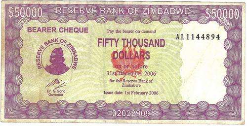ZIMBABWE 50 000 BEARER CHEQUE NOTE VF