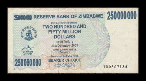 ZIMBABWE 250 MILLION DOLLARS BEARER CHEQUE - VF