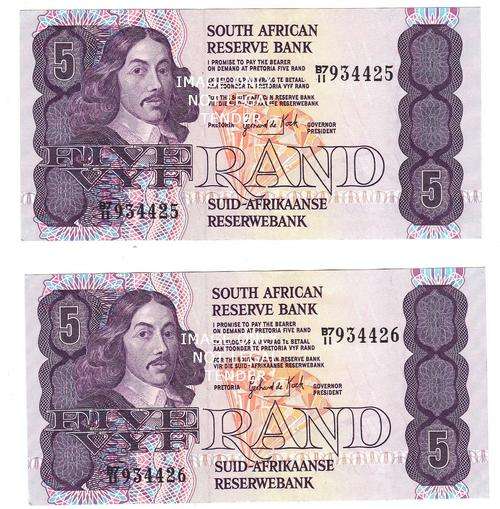 GPC DE KOCK 2 X OLD R5 NOTES IN SEQUENCE B7/11 3RD ISSUE ENG / AFR VF+ / XF