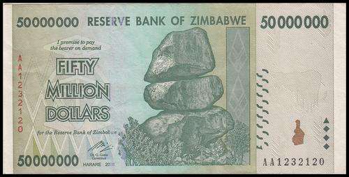 RESERVE BANK OF ZIMBABWE 50 MILLION DOLLARS  AA - VF
